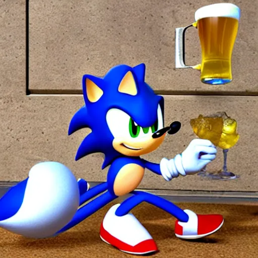 Prompt: photorealistic sonic the hedgehog drinking beer