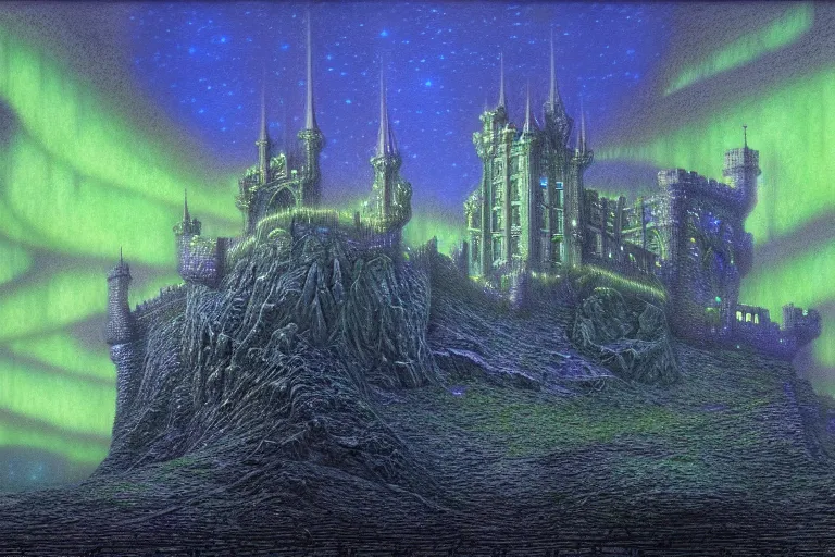 Image similar to highly detailed photoreal eldritch biomechanical castle on a cliff, aurora borealis, psychedelic by alan lee, john howe. ted naismith