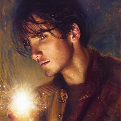 Prompt: a handsome slender young man with wavy brown hair summons a ball of light into his hand. urban fantasy. modern. dramatic. cinematic. holy. saintly. demigod. lord of light. detailed. sharp. photo realistic. realism. gaston bussiere. phil hale