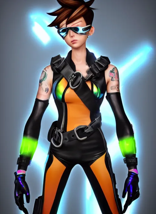 Image similar to full body digital artwork of tracer overwatch, wearing black iridescent rainbow latex tank top, 4 k, expressive happy smug expression, makeup, in style of mark arian, wearing detailed black leather collar, wearing chains, black leather harness, leather cuffs around wrists, detailed face and eyes,