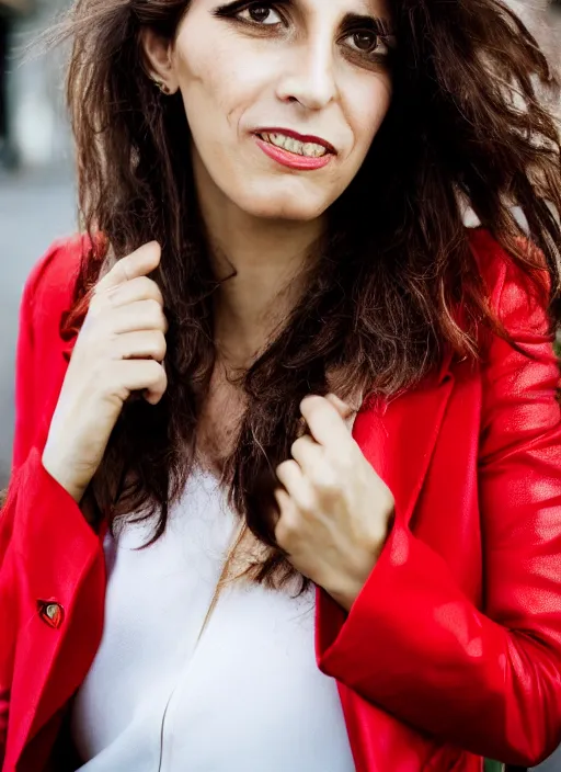 Prompt: color Close-up portrait of a beautiful 35-year-old Italian woman, wearing a red outfit, candid street portrait in the style of Mario Testino award winning, Sony a7R