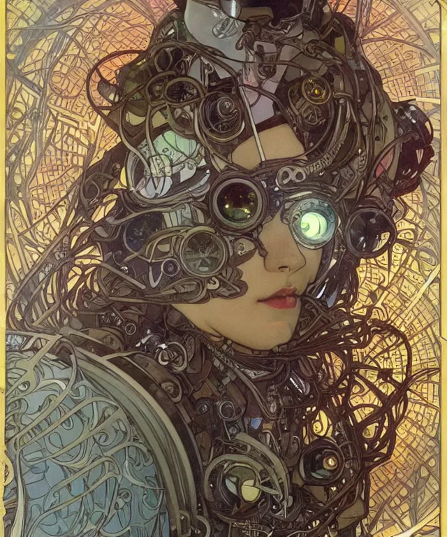 Image similar to realistic detailed portrait of a korgi! mecha cyberpunk! mage! by alphonse mucha and charlie bowater and art germ, rule of thirds, golden ratio, art nouveau! cyberpunk! style, mechanical accents!, mecha plate armor, glowing leds, flowing wires with leaves, art nouveau accents, art nouveau patterns and geometry, rich deep moody colors