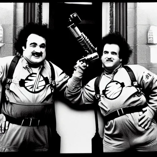 Image similar to photoshoot of john belushi and eddie murphy as ghostbusters, in the style of annie leibovitz - h 6 4 0