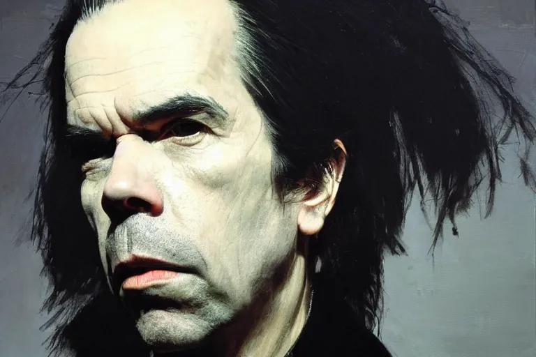 Prompt: a portrait of nick cave, masterpiece, dramatic lighting, stunning painting by ruan jia and caravaggio