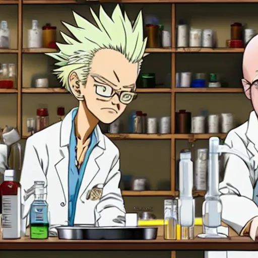 Prompt: senku from dr stone and walter white from breaking bad in a lab together