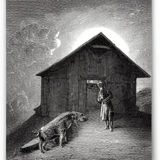 Image similar to pig in a tuxedo coming out of a barn, dark, moon, dark clouds, high detail, dramatic light, drawing gustave dore