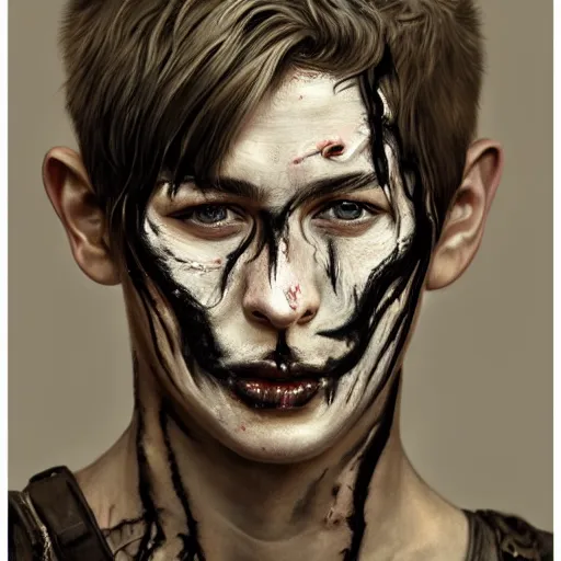 Image similar to portrait painting of a bitter young man with severe burn scars on his face and poorly cut very short hair wearing tattered leather armor, ultra realistic, concept art, intricate details, eerie, highly detailed, photorealistic, octane render, 8 k, unreal engine. art by artgerm and greg rutkowski and charlie bowater and magali villeneuve and alphonse mucha