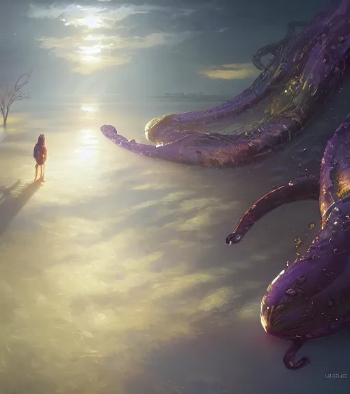 Image similar to highly detailed liquid eggplant, stephen bliss, unreal engine, fantasy art by greg rutkowski, loish, rhads, ferdinand knab, makoto shinkai and lois van baarle, ilya kuvshinov, rossdraws, tom bagshaw, reflective global illumination, god rays, detailed and intricate environment