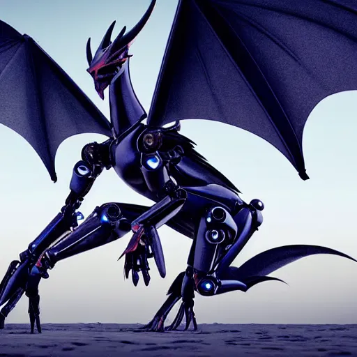 Image similar to close-up shot of a cute and beautiful well-proportioned anthropomorphic robot female dragon doing an elegant pose, has two eyes and two horns on a dragon head, a sleek yet elegant design of metal plating, with two big epic wings behind her, two arms with one hand on her hip, the background is of the beach at night; HD digital art, artstation, deviantart, furaffinity, high quality detail