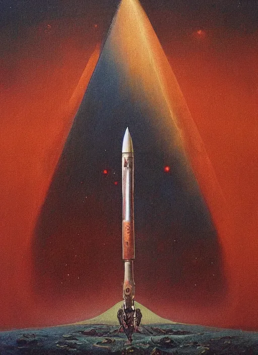 Image similar to A painting in a style of Beksinski of Mars. There is Elon Musk and a rocket. Very detailed, symmetry