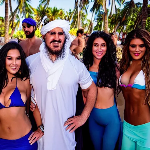 Prompt: 4 k portrait sony a 7 f 2. 8 of mark cuban as a taliban leader as an instagram model on the beach with a group of beautiful dancing instagram swimsuit model women with cocktail bar lighting