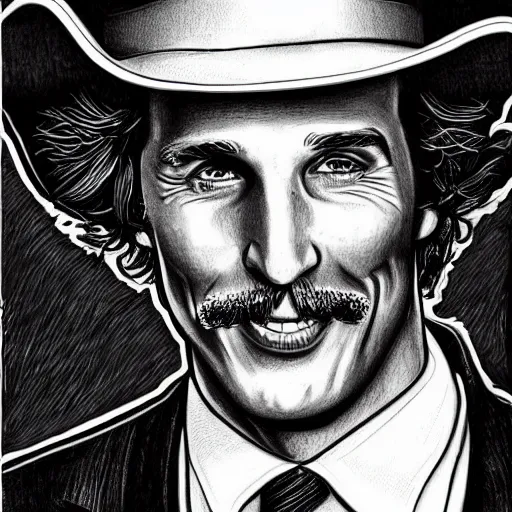 Image similar to a portrait drawing of Mathew McConaughey drawn by Robert Crumb