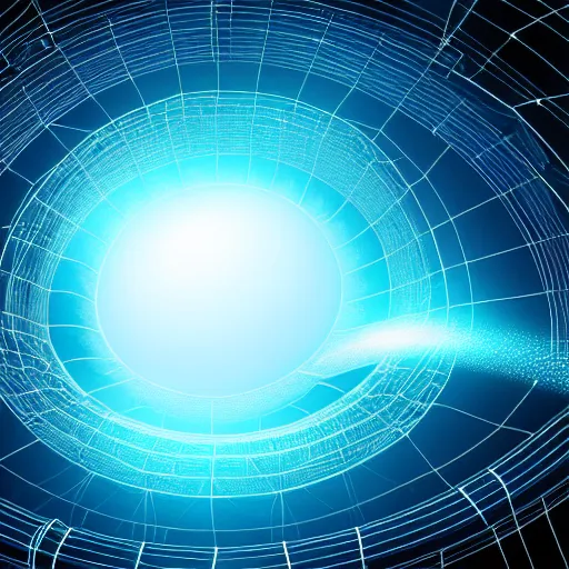 Image similar to a black hole at the center of a golden wireframe geometric structure, deep blue and dark cyan nebula background, highly detailed artwork