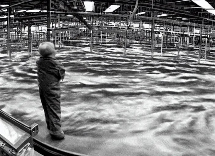 Prompt: grainy security cam footage still of Augustus Gloop in the factory's indoors chocolate river at Wonka's Chocolate Factory, extreme wide angle, far away