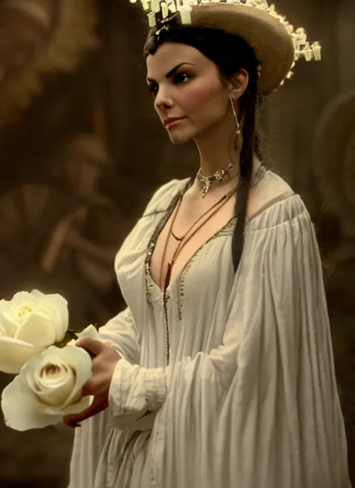 Prompt: film still from an Italian historical Western film of a Victoria Justice as the goddess of white roses . ultra detailed painting at 16K resolution and amazingly epic visuals. epically beautiful image. amazing effect, image looks gorgeously crisp as far as it's visual fidelity goes, absolutely outstanding. vivid clarity. ultra. iridescent. mind-breaking. mega-beautiful pencil shadowing. beautiful face. Ultra High Definition. godly shading. amazingly crisp sharpness. photorealistic film cel processed twice..