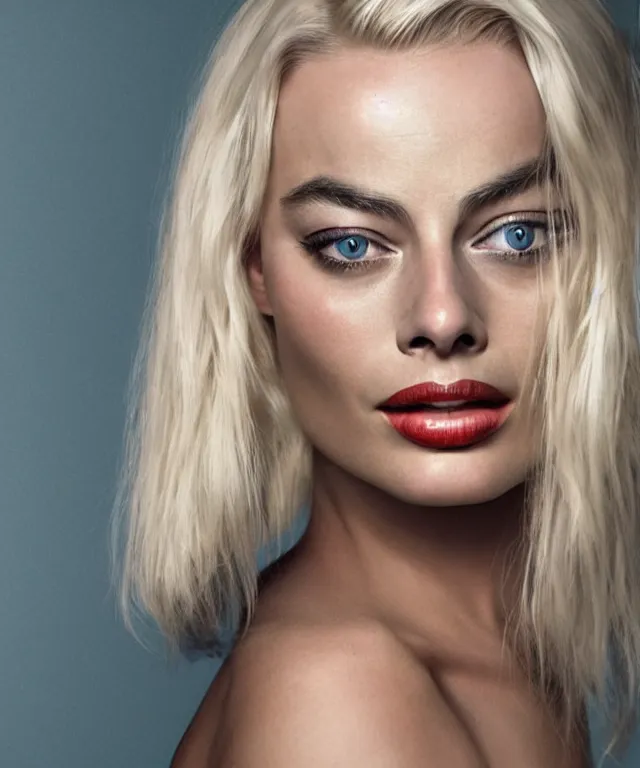 Image similar to photo of margot robbie, platinum blond, intense, exaggerated facial features, photorealistic caricature, by sebastian kruger