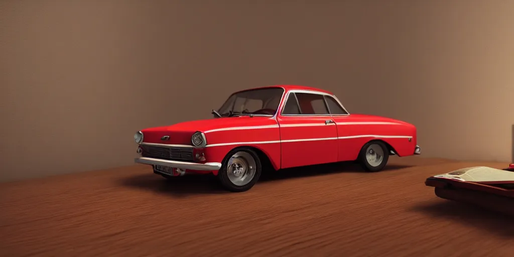 Image similar to a small miniature of a red Chevrolet Opala near a book and a pencil on a wooden table, hyperrealistic, concept art, octane render, unreal engine 5, path tracing, complementary colours, high quality, highly detailed, 4K, symmetrical, low contrast, centered, house interior background