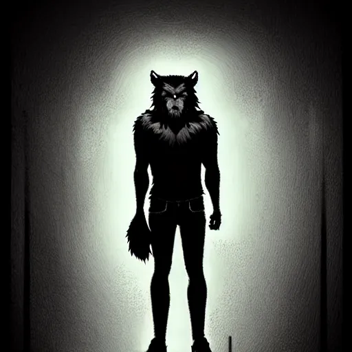 Image similar to in the style of artgerm, steve niles, rafael albuquerque, large hairy werewolf in a shopping mall at night, moody lighting, horror scary terror