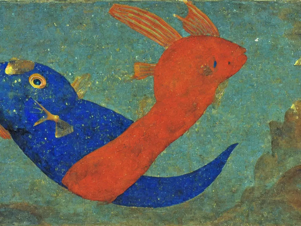 Image similar to close up of exotic, beautiful fish. lapis lazuli, malachite, cinnabar, gold. painting by piero della francesca, balthus, agnes pelton