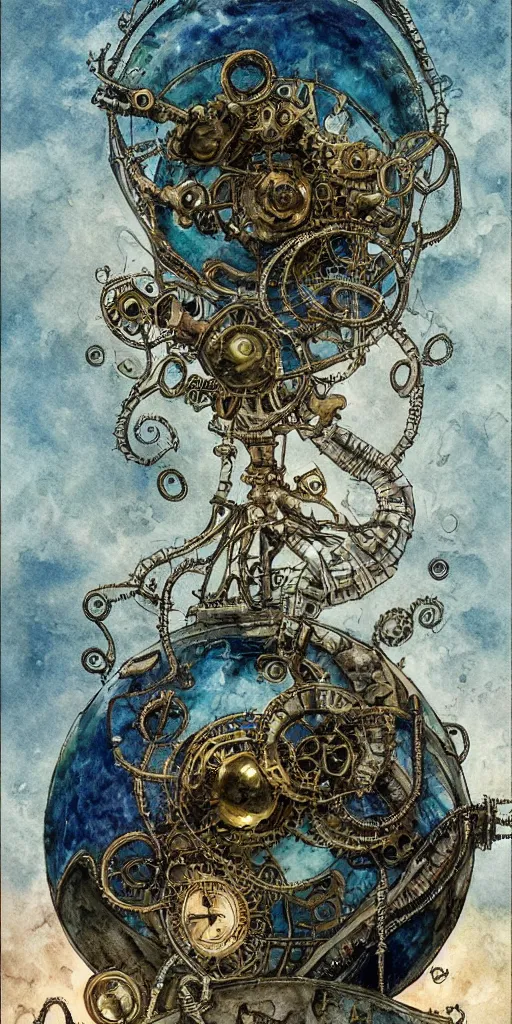 Prompt: a lovecraftian expressive water colour of a steampunk planet by josep tapiro baro in the style of romanticism art, dynamic lighting
