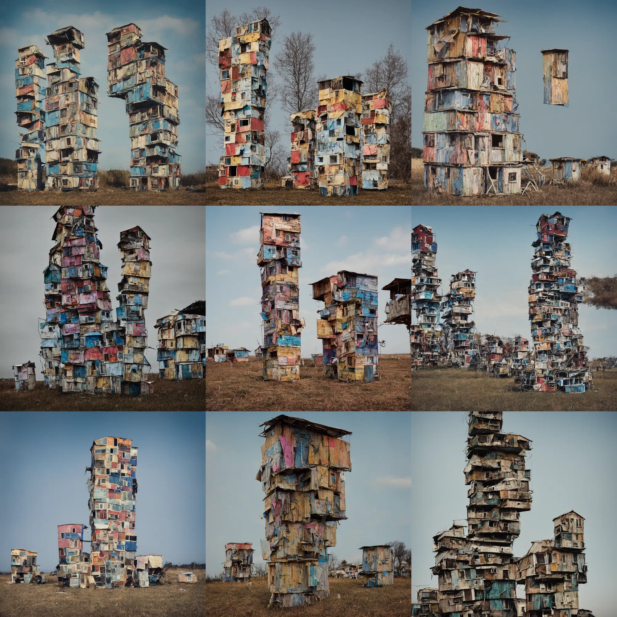 Prompt: a tower made up of makeshift squatter shacks with bleached colours, mamiya, 8 5 mm, f 1. 7, fully frontal view, uniform plain sky, light leaks, digital glitches, photographed by cristina de middel