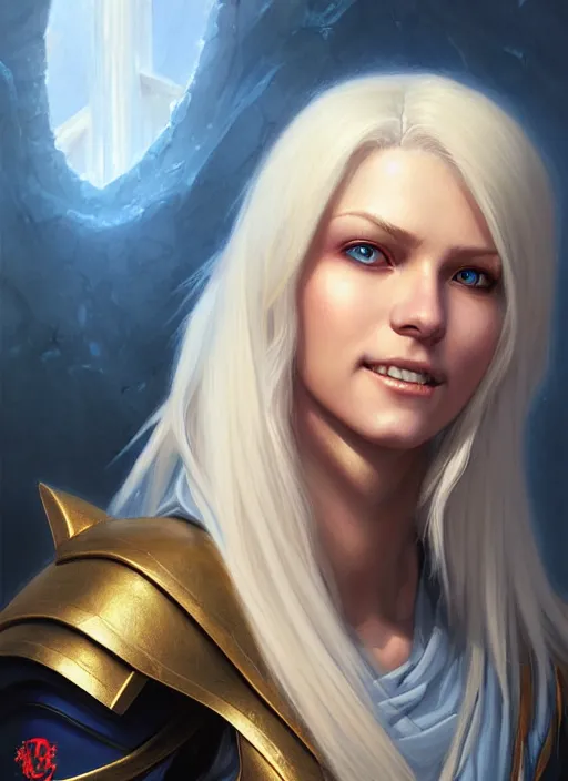 Image similar to a _ fantasy _ style _ portrait _ painting _ of shy white female paladin with blonde hair and blue eyes friendly smile, scar under left eye, holy oil _ painting _ unreal _ 5 _ daz. _ rpg _ portrait _ extremely _ detailed _ artgerm _ greg _ rutkowski _ greg