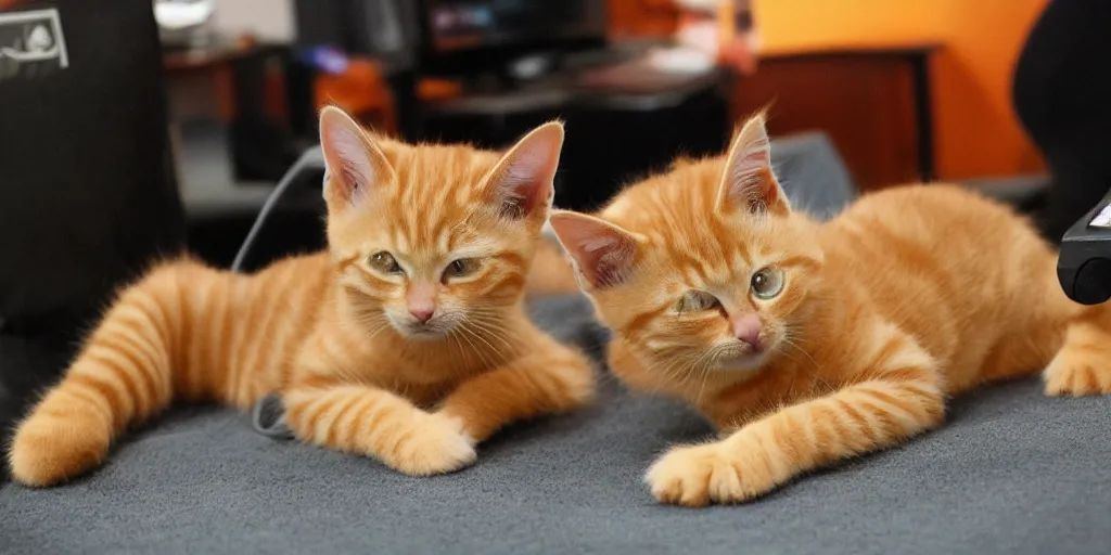 Image similar to an orange tabby kitten playing video games by richard scary