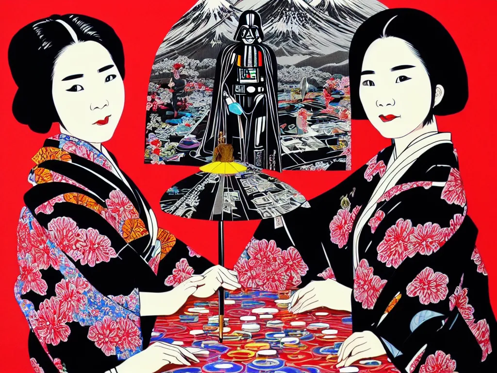 Image similar to hyperrealistic composition of the detailed woman in a japanese kimono sitting at a extremely detailed black jack table with hyperdetailed darth vader, fireworks, mountain fuji on the background, pop - art style, jacky tsai style, andy warhol style, acrylic on canvas