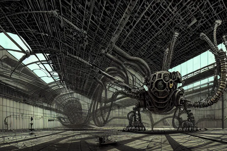 Image similar to dieselpunk huge robotic dragonfly, inside an gigantic underground concrete doom hangar, interior structure, drains, storm drains, jungle, vines, algea, cables, panels, walls, ceiling, floor, doors, brutalist architecture, intricate ink drawing, highly detailed in the style of Ashley Wood, moebius and Tsutomu Nihei, photorealistic, cinematic, intricate detail, well lit,