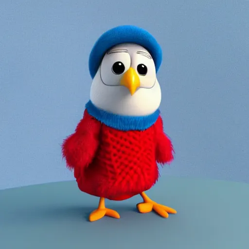 Prompt: cute bird character wearing a sweater, Disney Pixar, in the style of claymation, high detail, detailed feathers and fur, 3d render