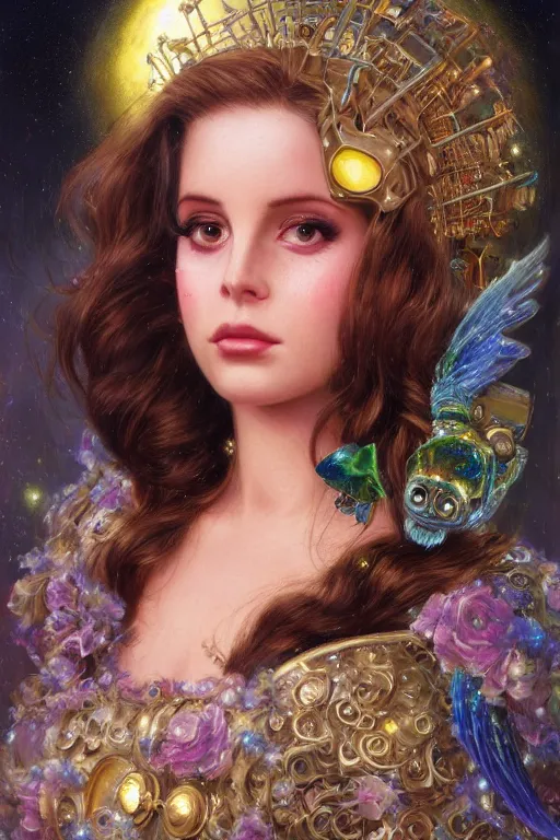 Image similar to cute shiny robot Lana Del Rey look-alike, Lilia Alvarado, Sophie Anderson, Mark Arian, Bob Byerley, Charlie Bowater, Mark Brooks, Steve Henderson, Justin Gerard, Arthur Hughes, Edward Robert Hughes, Mark Keathley, Victor Nizovtsev, Carlos Shwabe, Ross Tran, WLOP