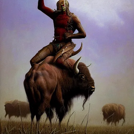 Prompt: Josh Allen on a bison, dark fantasy, Warhammer, artstation painted by Zdzisław Beksiński and Wayne Barlowe