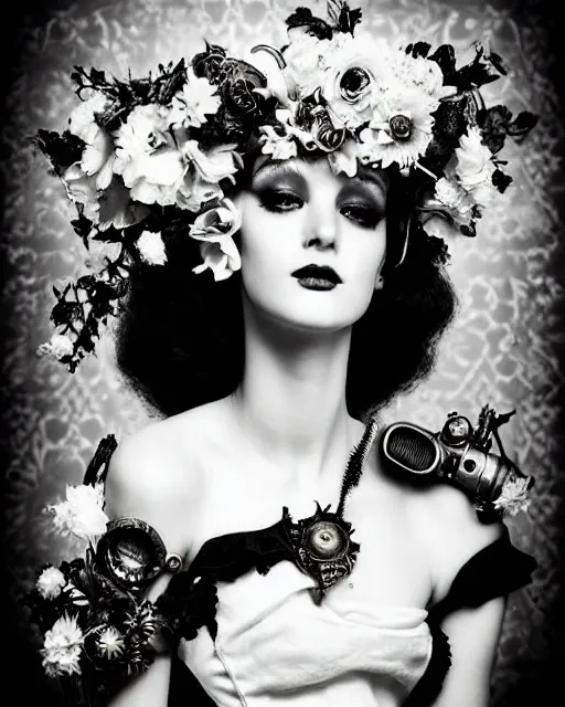 Image similar to a black and white high quality dreamy photo of a young beautiful female queen-pale dragon-vegetal-many big steampunk flowers-cyborg bust with a very long neck, elegant, highly detailed, poetic, soft, dreamy, mysterious, high fashion, rim light, in the style of Ellen von Unwerth, Realistic, Refined, Digital Art, Highly Detailed, Cinematic Lighting, rim light, black and white, photo-realistic, 8K