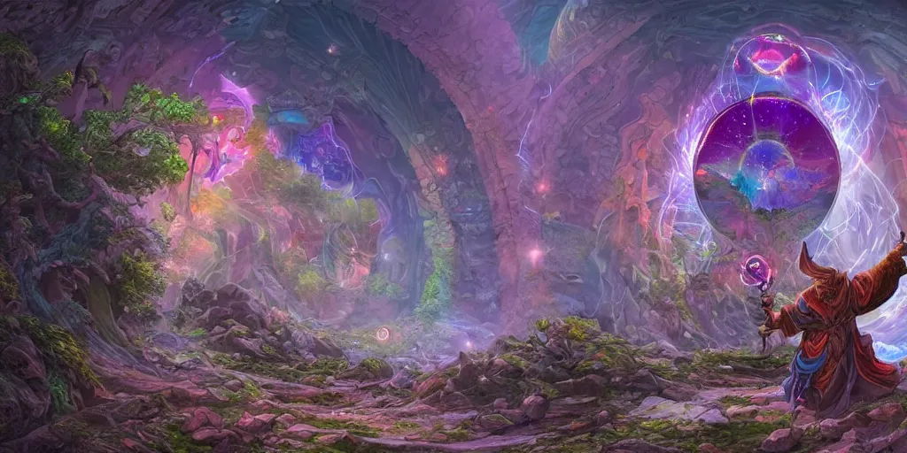 Image similar to A wizard summoning a portal to another land, hyper-detailed, intricate, colorful, wide angle, beautiful, fantasy, concept art