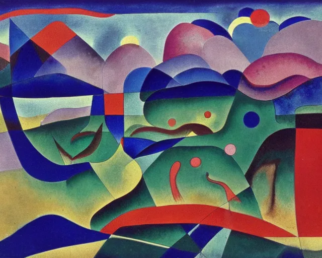 Prompt: A wild, insane, modernist landscape painting. Wild energy patterns rippling in all directions. Curves, organic, zig-zags. Saturated color. Mountains. Clouds. Rushing water. Waves. Sci-fi dream world. Kandinsky. Yves Tanguy. Paul Klee.