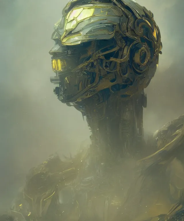 Prompt: a 4k cinematic full view ethereal android wearing intricate mecha gilded cyberpunk bone crown ivory , Unreal Engine 5, God Rays, Lumen, by Peter Mohrbacher, by Ruan Jia, by Greg Rutkowski, by Leonardo Da Vinci, detailed and realistic, poetic and symbolic, rule of thirds, golden ratio, Trending on Artstation