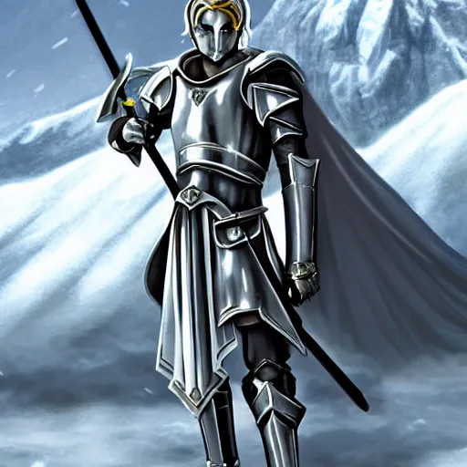 Prompt: paladin wearing silver amour with mirror finish, wielding a longsword that gleams like the sun. he is wearing a teutonic helmet, inside his eyes glow like the sun. background of snowy mountains. anime.