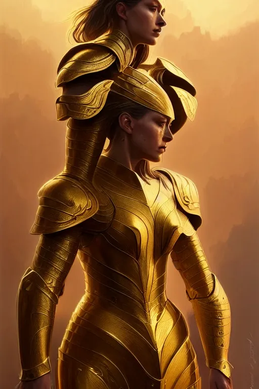 Image similar to professional digital art of a hyper realistic and highly detailed woman beautiful golden armor. accurate rending of one woman in armor. greg rutkowski, zabrocki, karlkka, jayison devadas, intricate, trending on artstation, 8 k, unreal engine 5, pincushion lens effect