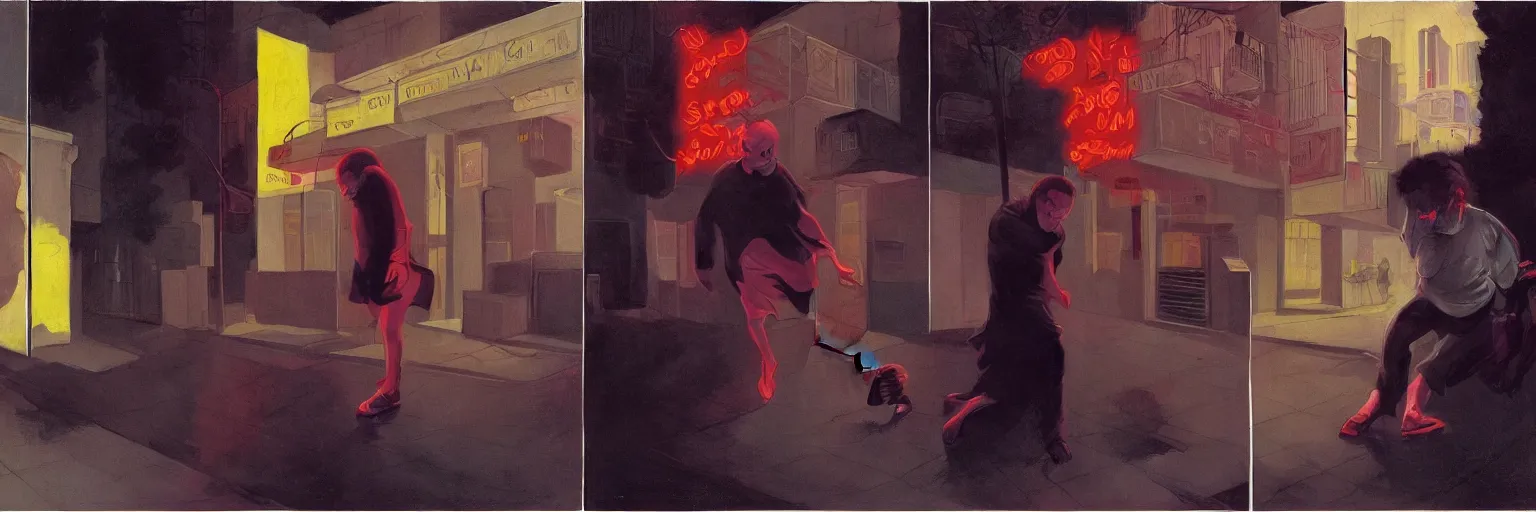 Image similar to weird and disturbing portrait of todd solondz running scared in the streets of tel aviv, vivid colors, neon, art by gregory crewdson and francis bacon and artgerm and wlop and william - adolphe bouguereau
