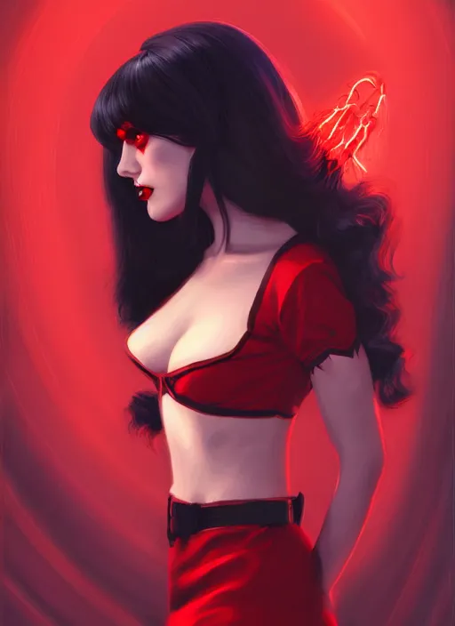 Prompt: portrait of vampire veronica lodge with bangs, vampire, long hair, red clothes, bangs, vampironica, intricate, elegant, glowing lights, highly detailed, digital painting, artstation, concept art, smooth, sharp focus, illustration, art by wlop, mars ravelo and greg rutkowski