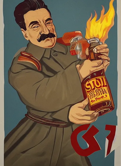 Image similar to stalin with a bottle of vodka, icon with a halo of fire, scary detailed art in color