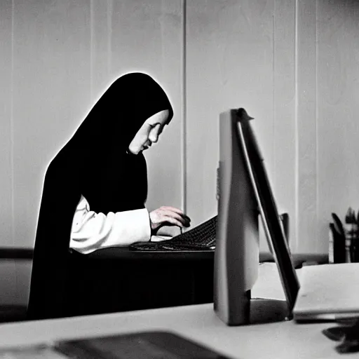 Image similar to award - winning photograph of a nun hunched over a computer while she hacks into the mainframe