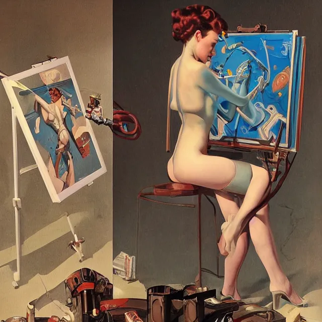 Image similar to robot artist painting a self - portrait on a canvas. detailed digital matte painting in the style of gil elvgren and in the style of wayne barlowe. irony, recursion, inspiration.