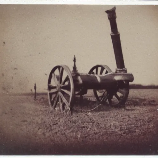 Image similar to polaroid photo of a napoleonic cannon standing on a graveyard.