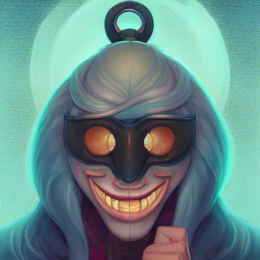 Prompt: a portrait of the happy mask salesman, art by lois van baarle and loish and ross tran and rossdraws and sam yang and samdoesarts and artgerm and saruei and disney, digital art, highly detailed, intricate, sharp focus, trending on artstation hq, deviantart, unreal engine 5, 4 k uhd image