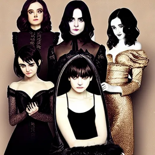 Prompt: beautiful gothic portrait of Maisie Williams, Krysten Ritter, Anne Hathaway and Natalia Dwyer Christina Ricci and Lily Collins