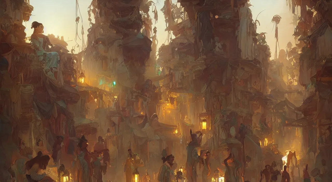 Image similar to bazaar zouk old egypt sky shine digital painting, artstation, concept art, illustration, cinematic lighting, art by artgerm and greg rutkowski and alphonse mucha