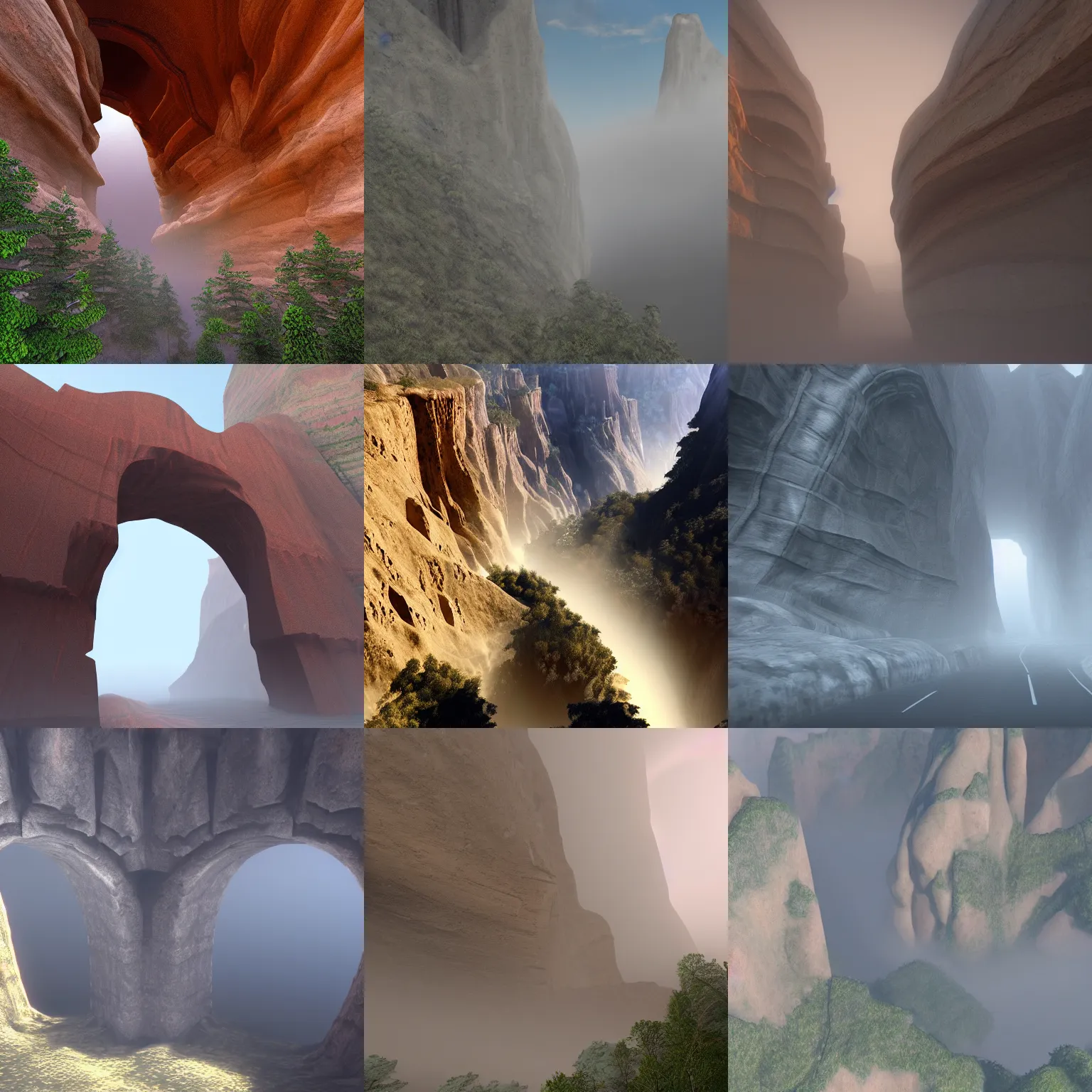 Prompt: arc gates in a canyon, volumetric dust fog