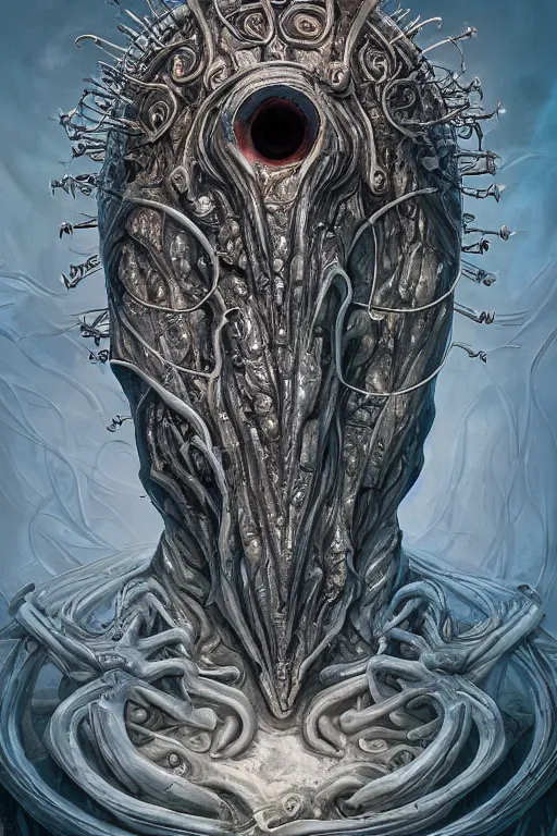 Prompt: iconic hybrid infected mushroom alien head, in style of Midjourney, stylized, detailed and intricate, elegant, ornate, horror, elite, ominous, haunting, beautiful digital painting, cinematic, cgsociety, Jama Jurabaev, H.R. Giger, Zdizslaw Beksinski, James jean, Noah Bradley, Darius Zawadzki, vivid colors and vibrant outlines