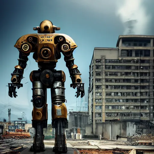 Prompt: 8K UHD, High resolution photograph, shot with Fuji X-T2 f2.6/130mm lens: ( background = gasolinepunk city, trending on artstation+ background detail = gasolinepunk architecture, high detailed, large depth of field) + (subject =a mech in the style of fallout power armor+ subject detailed = realistic, highlights and shadow detailed, high detail texture render, highly accurate light refraction)